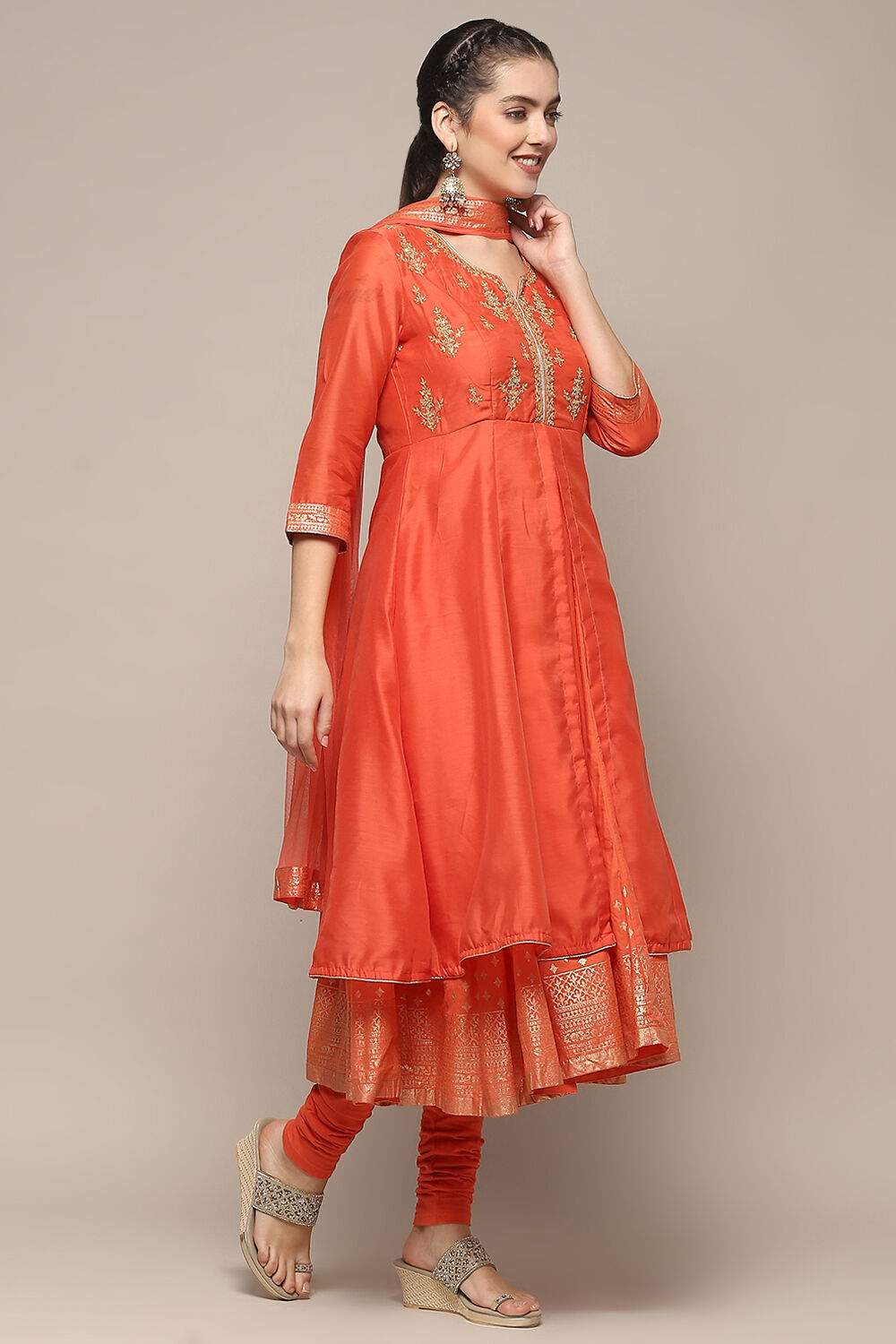 Coral Poly Chanderi Anarkali Kurta Churidar Suit Set image number 6