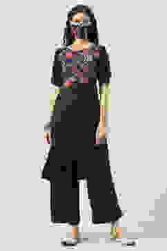 Black Printed Rayon Asymmetric Kurta Palazzo Suit Set image number 5