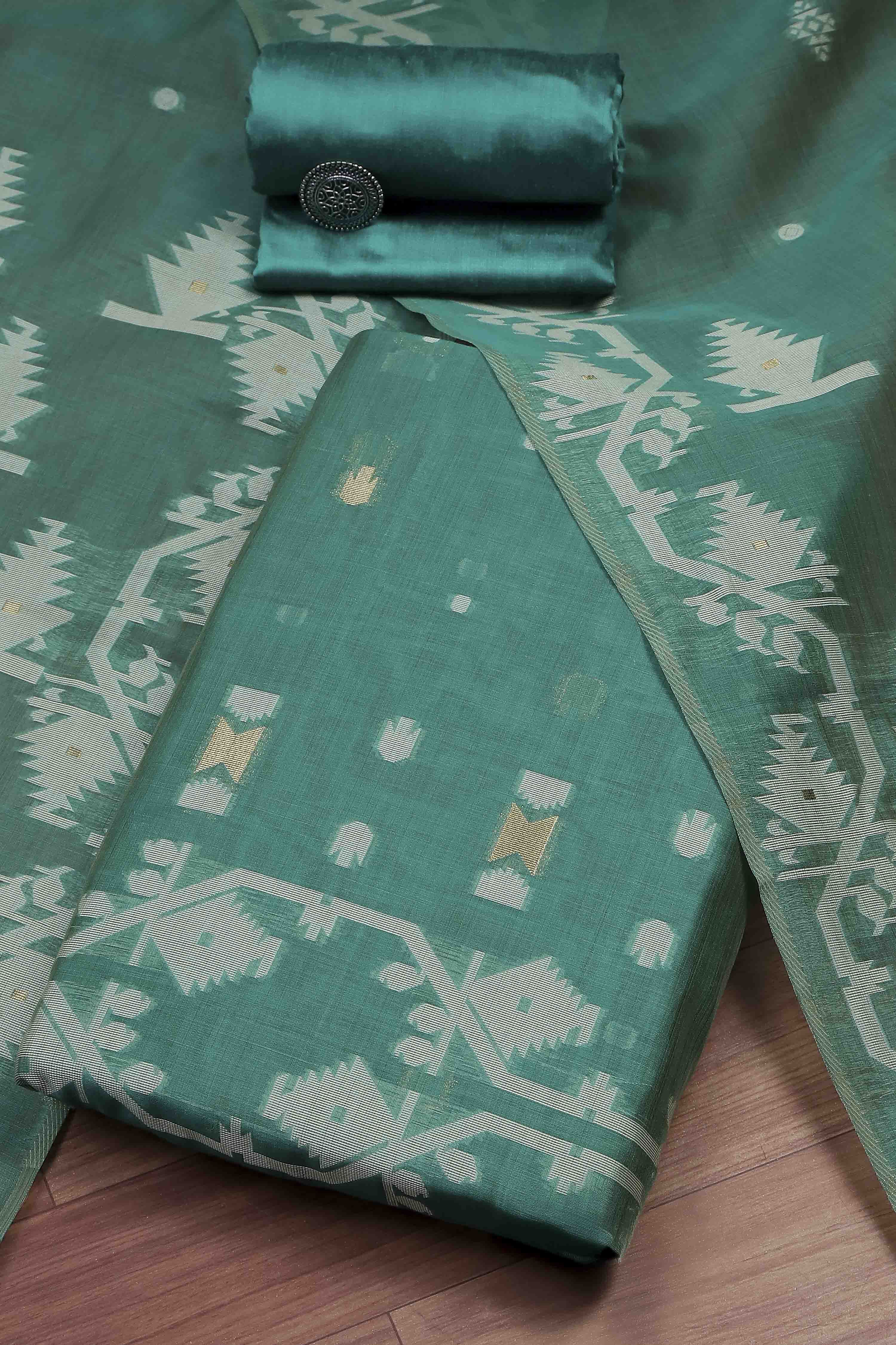 Bottle Green Cotton Jamdani Unstitched Suit Set image number 0