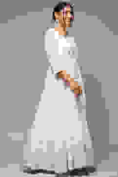 White Cotton Blend Straight Printed Dress image number 3