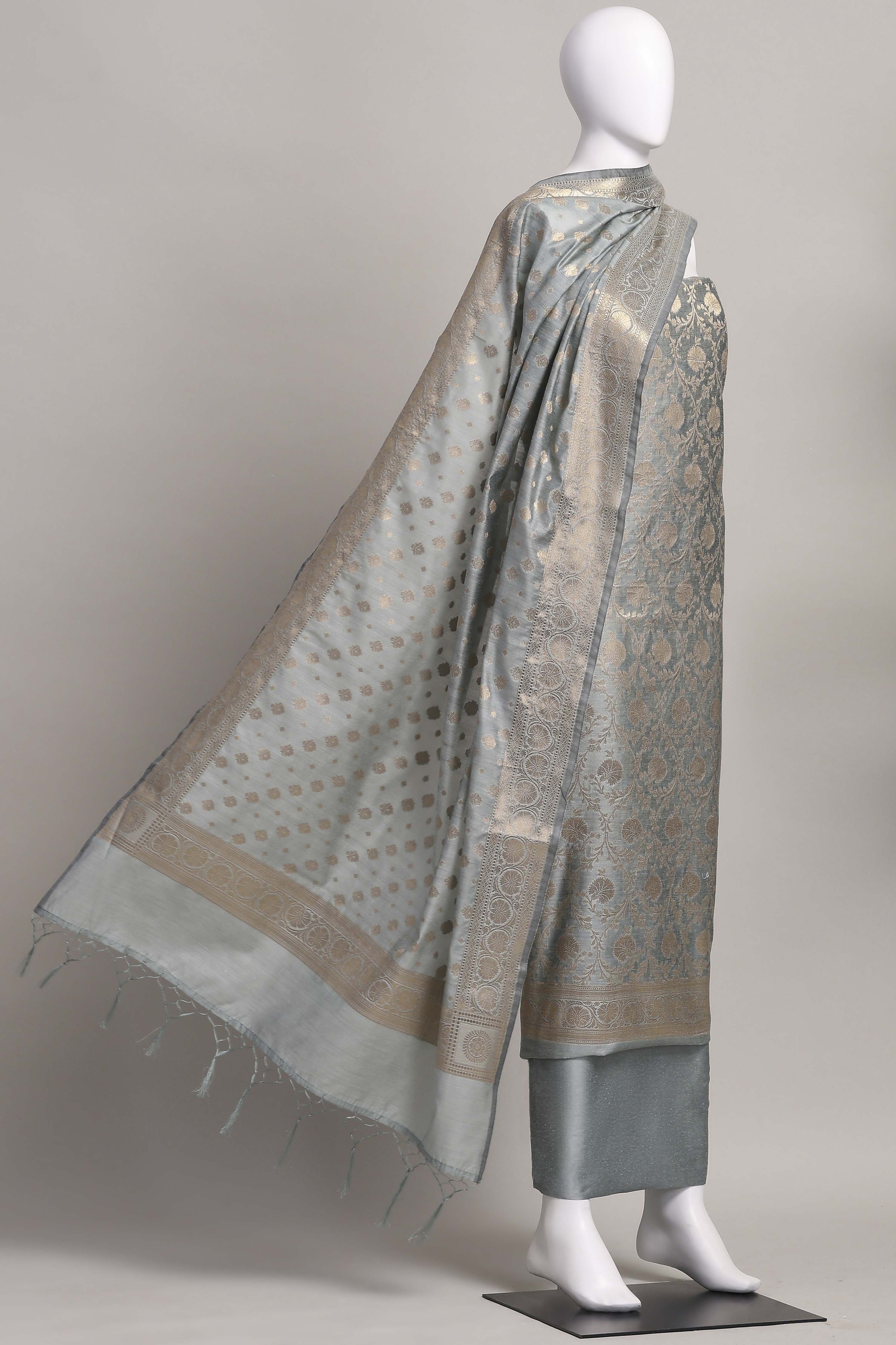 Dusty Mauve Banarasi Chanderi Banarasi Print Unstitched Suit Set image number 4