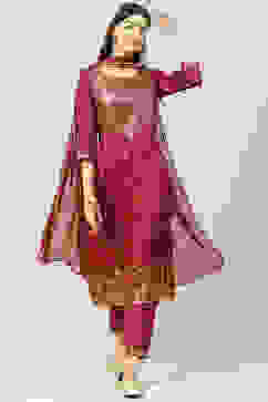 Wine Straight Kurta Regular Pants Suit Set image number 7