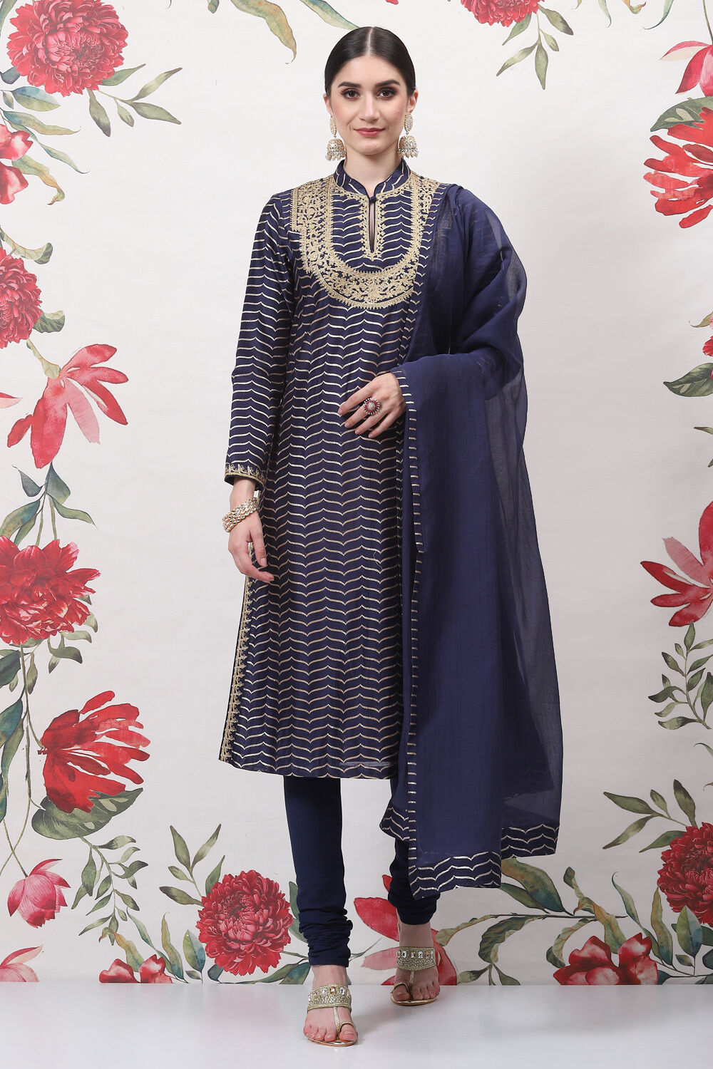 Blue Cotton Silk Straight Yarndyed Suit Set image number 0