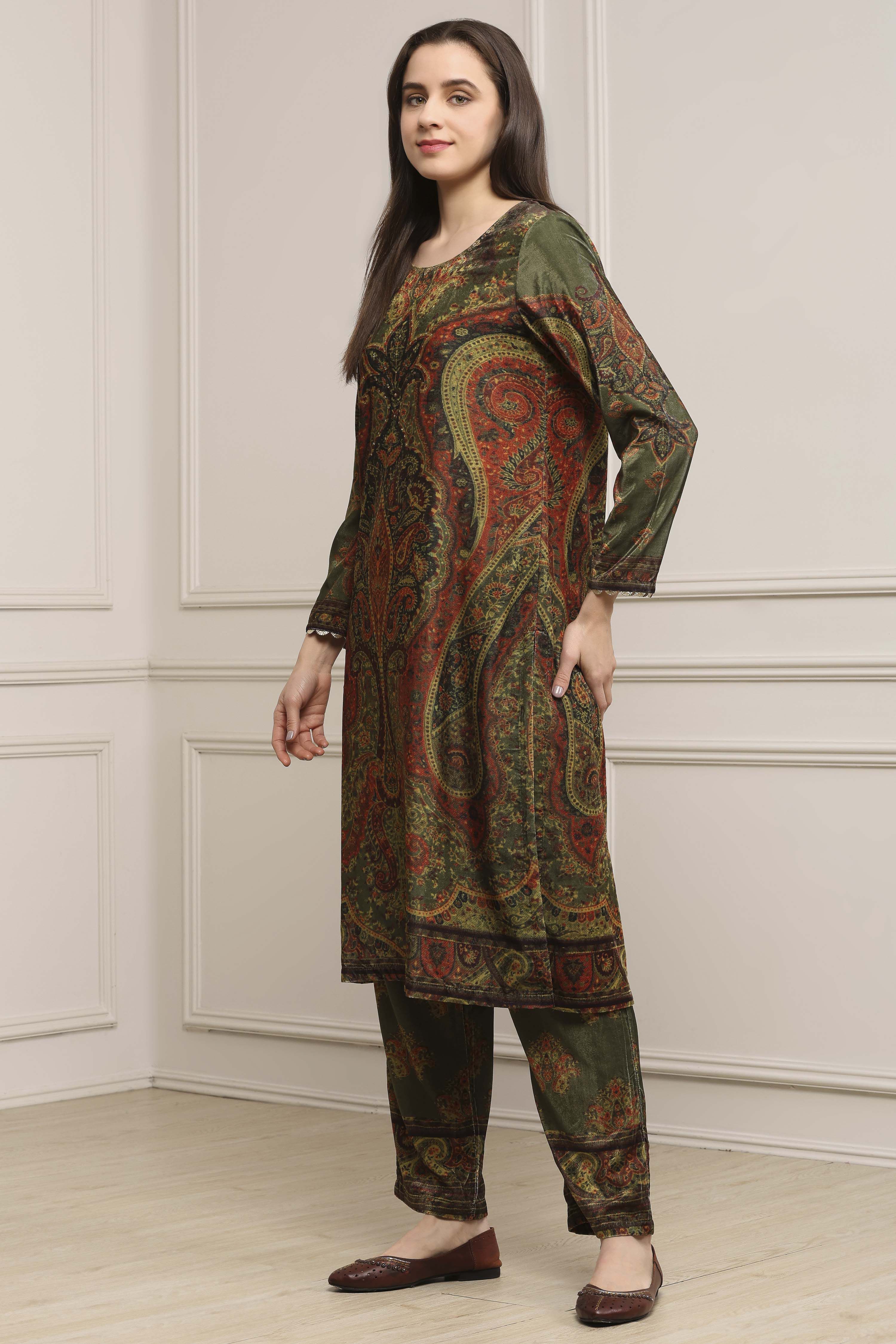 Green Polyester Straight Printed Kurta Set image number 3