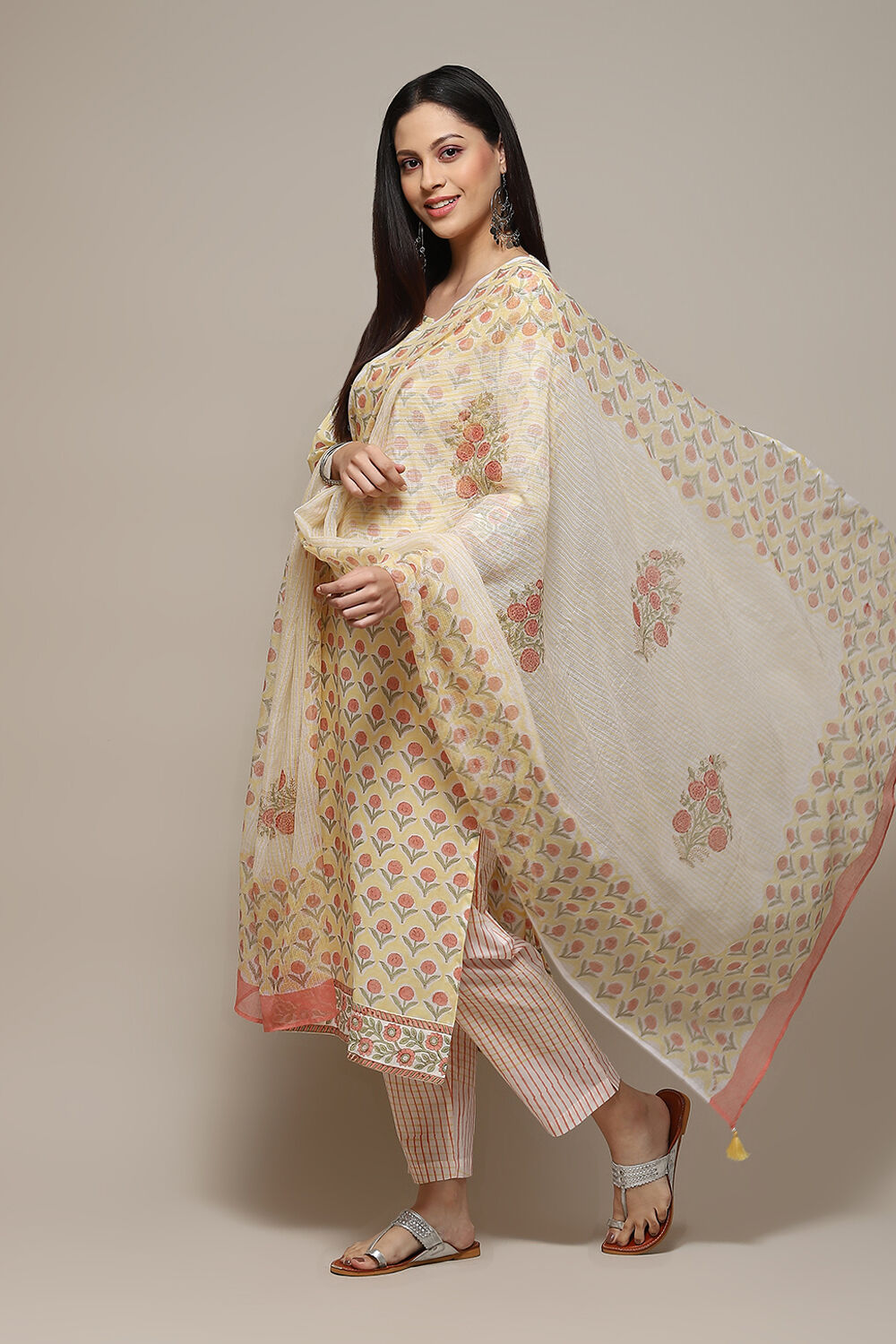 Yellow Cotton Hand Block Print Unstitched Suit Set image number 1