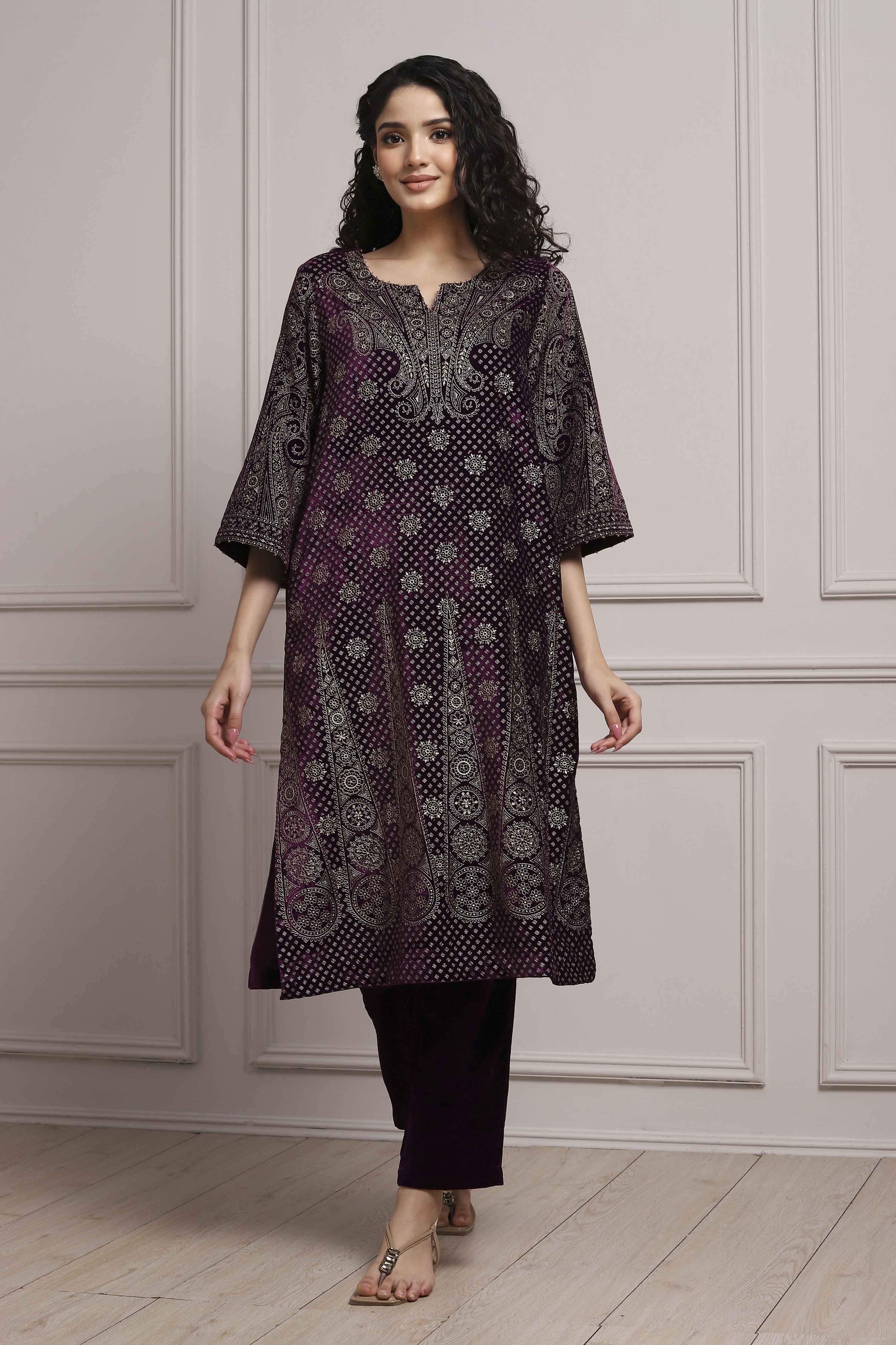 Purple Velvet Straight Winter Kurta Set image number 0