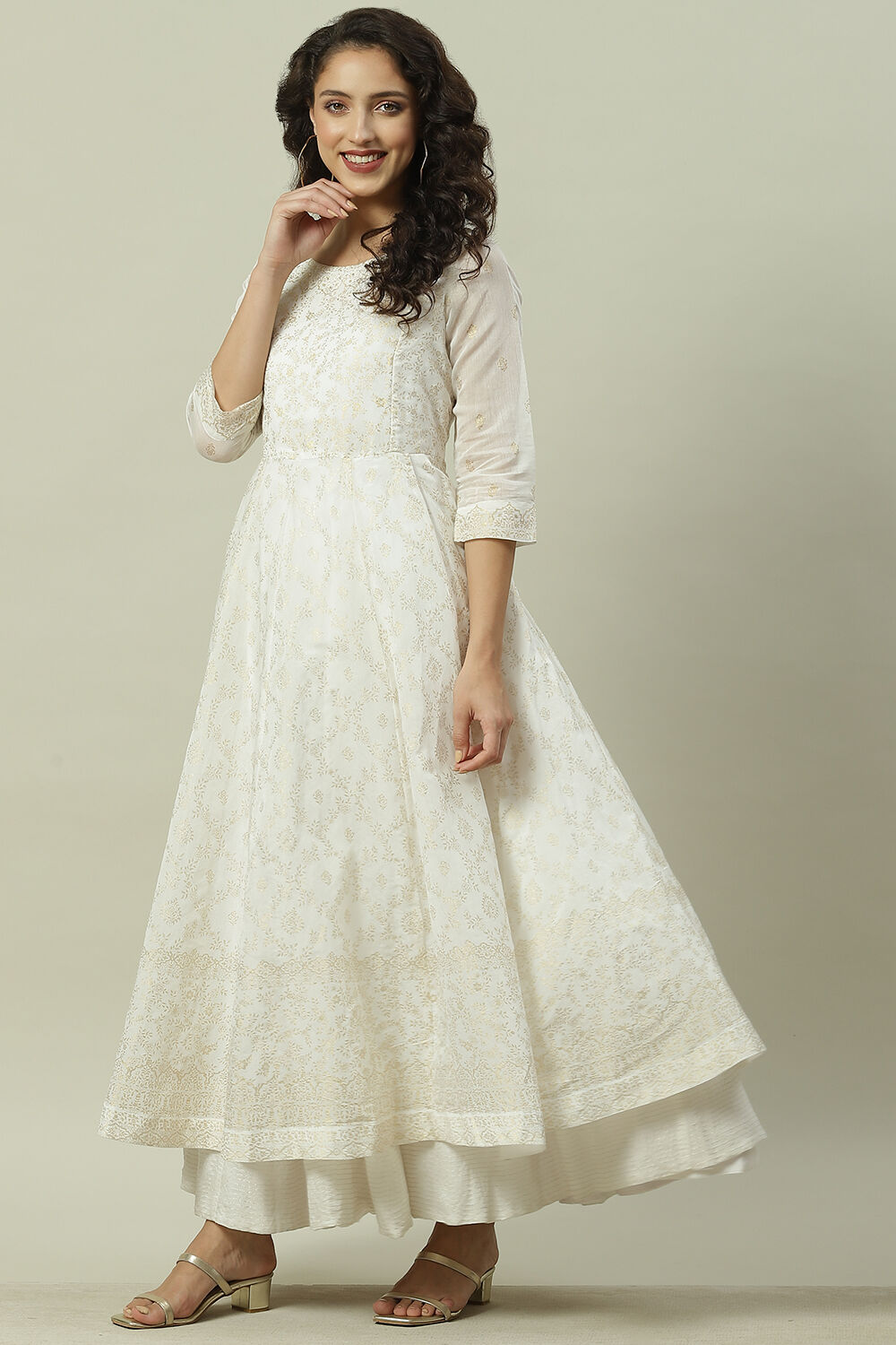 Off White Art Silk Anarkali Printed Dress image number 3