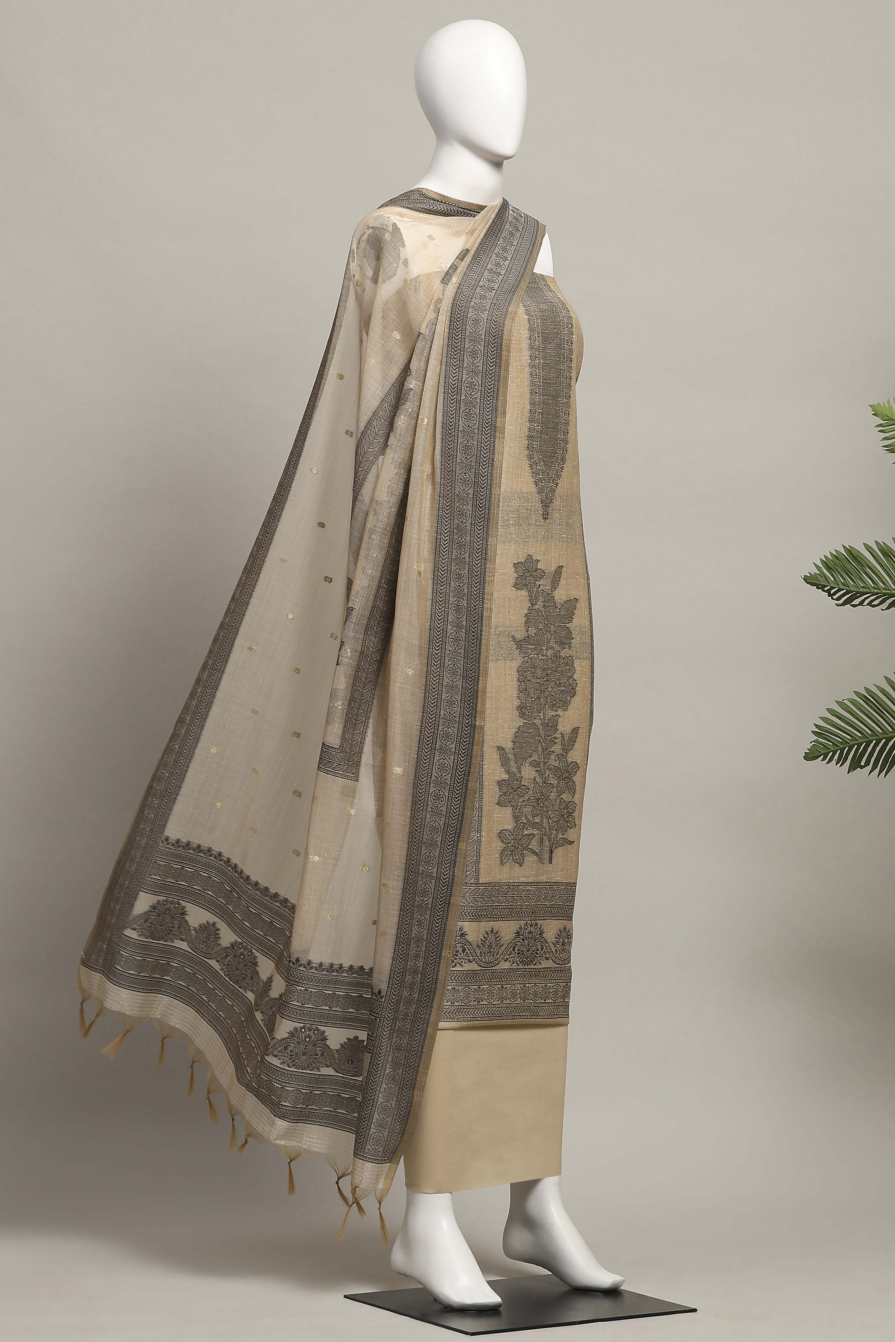 Blue Cotton Royal-Mughal Booti Print Unstitched Suit Set image number 4