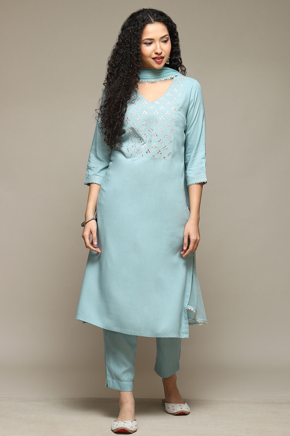Powder Blue Rayon Straight Kurta Pants Suit Set image number 7
