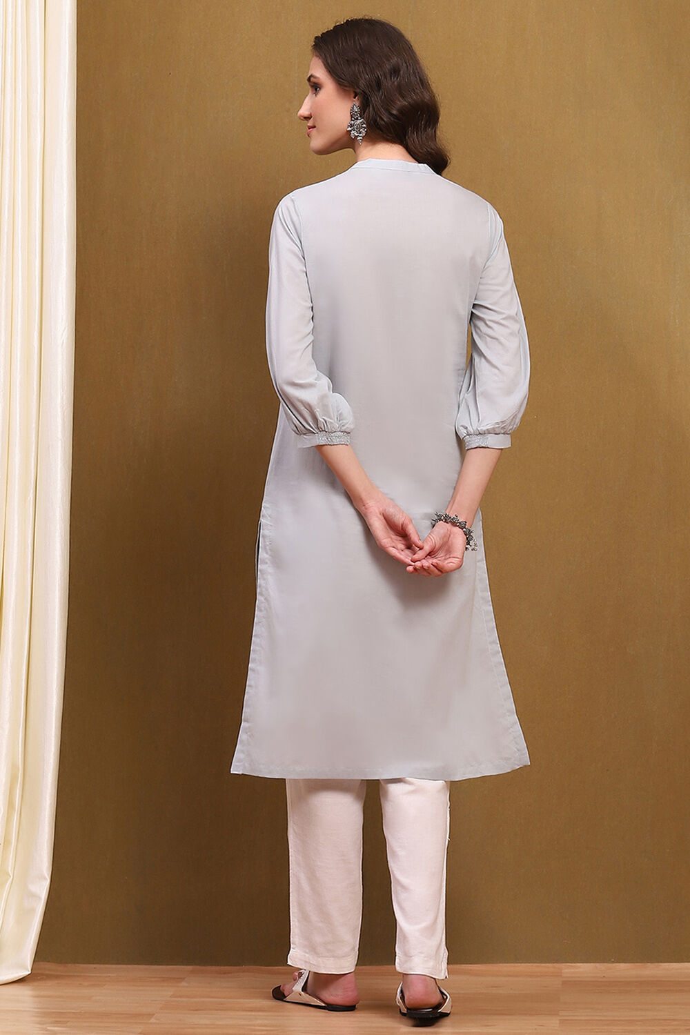 Steel Grey Cotton Solid Regular Fit Straight Kurta image number 3