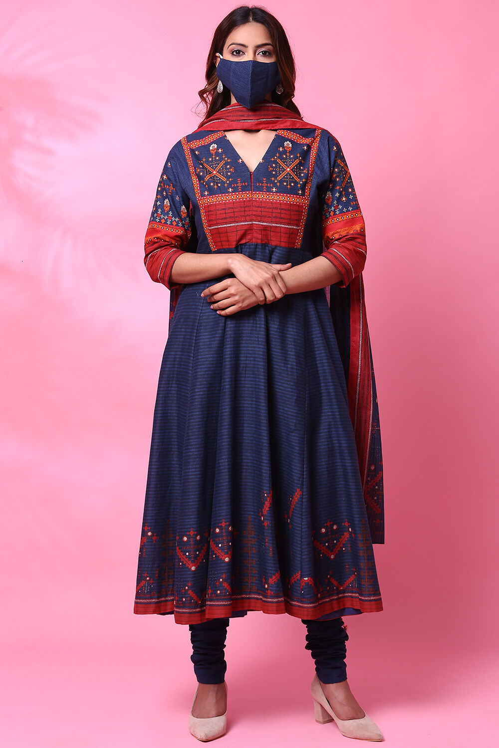 Blue Cotton Anarkali Kurta Churidar Suit Set image number 3