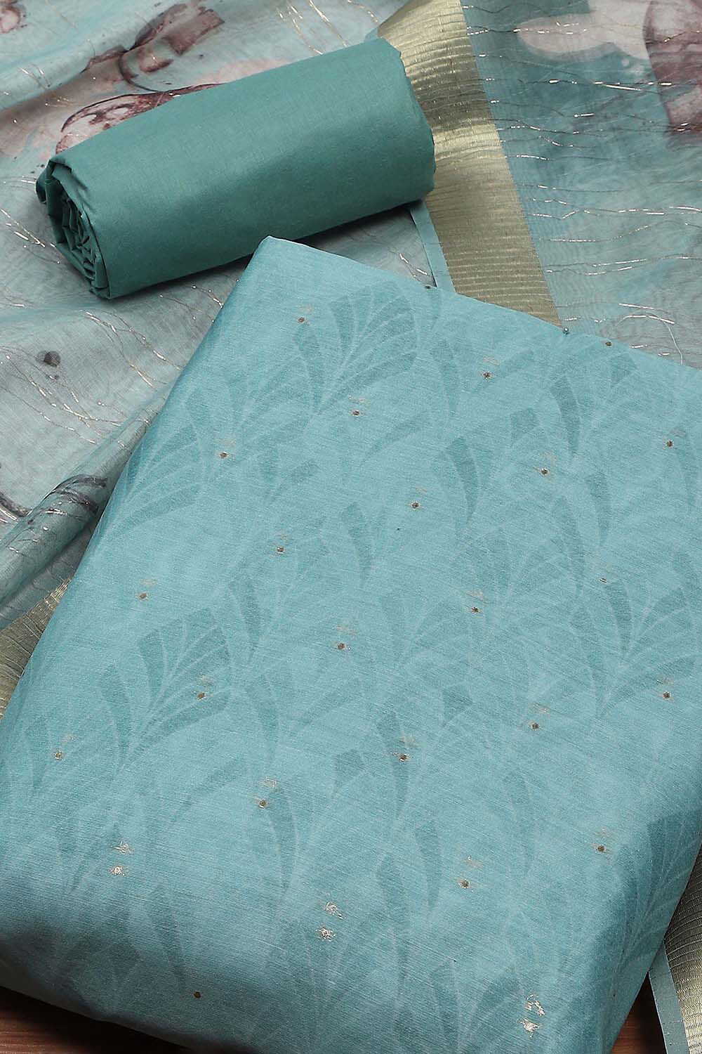 Mint Green Chanderi Double Dupatta Unstitched Suit Set image number 1