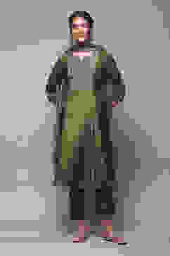 Mehandi Green Viscose Kalidar Kurta Slim Pants Suit Set image number 7