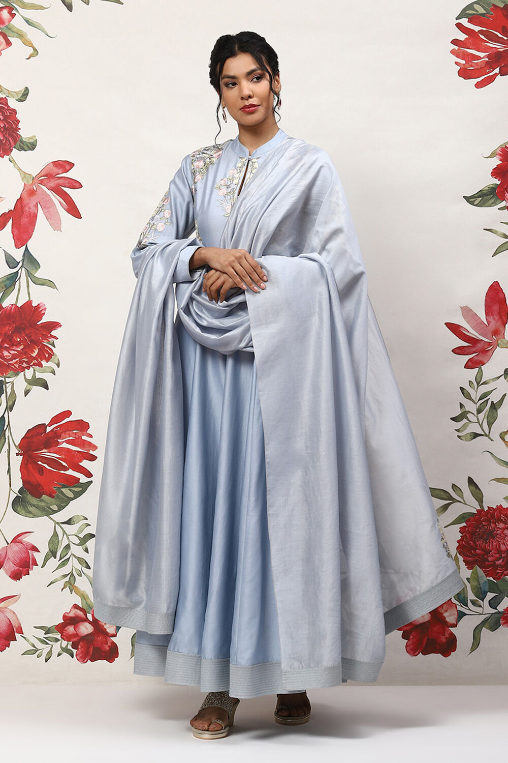 Powder Blue Cotton Blend Anarkali Kurta Suit Set image number 0