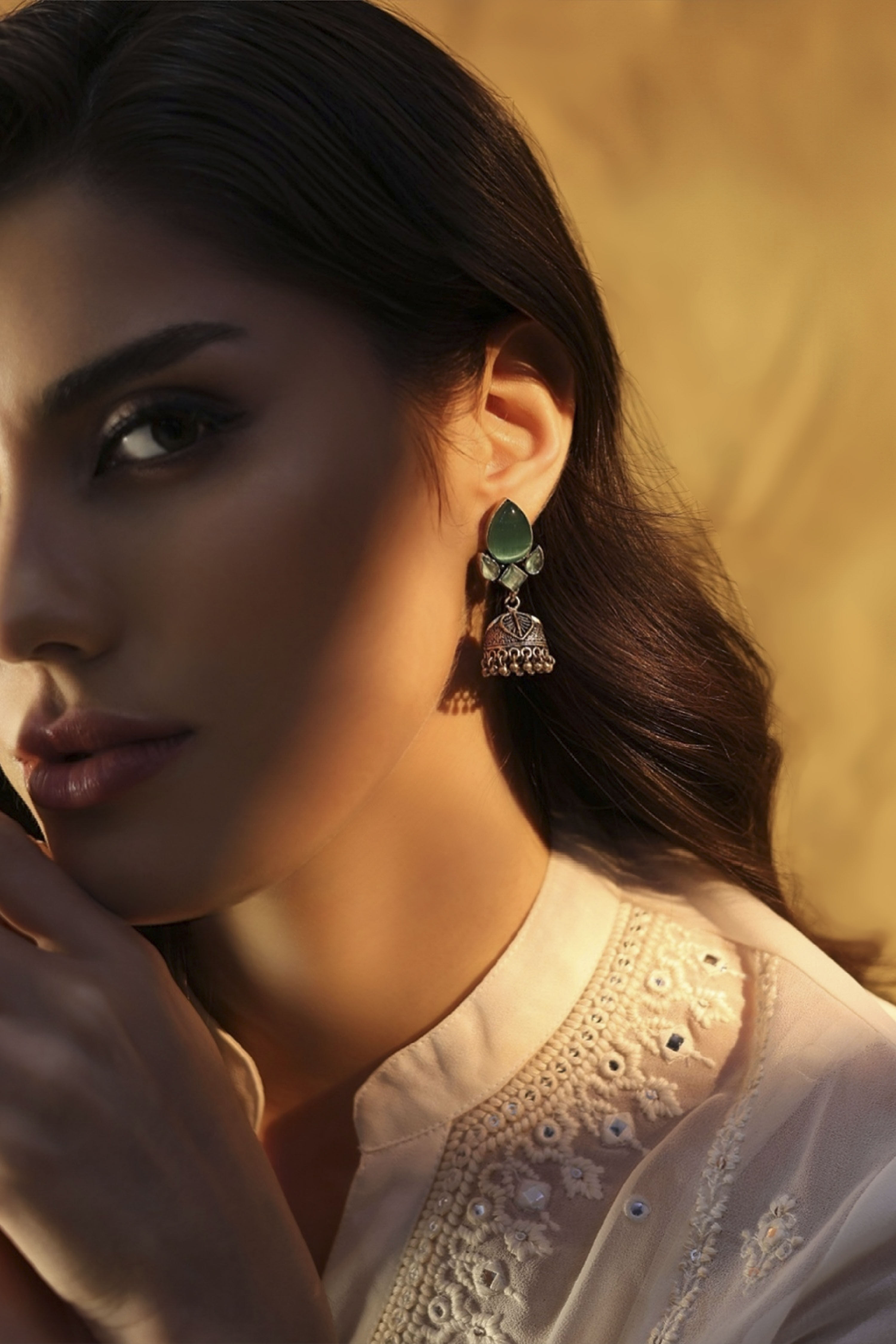 Mint Green Brass Oxidised Jhumka image number 2