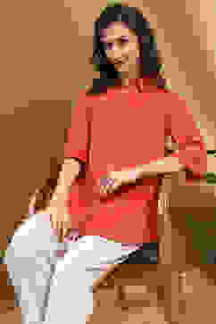 Orange Cotton Blend Solid Straight Shirt Style Kurti image number 6