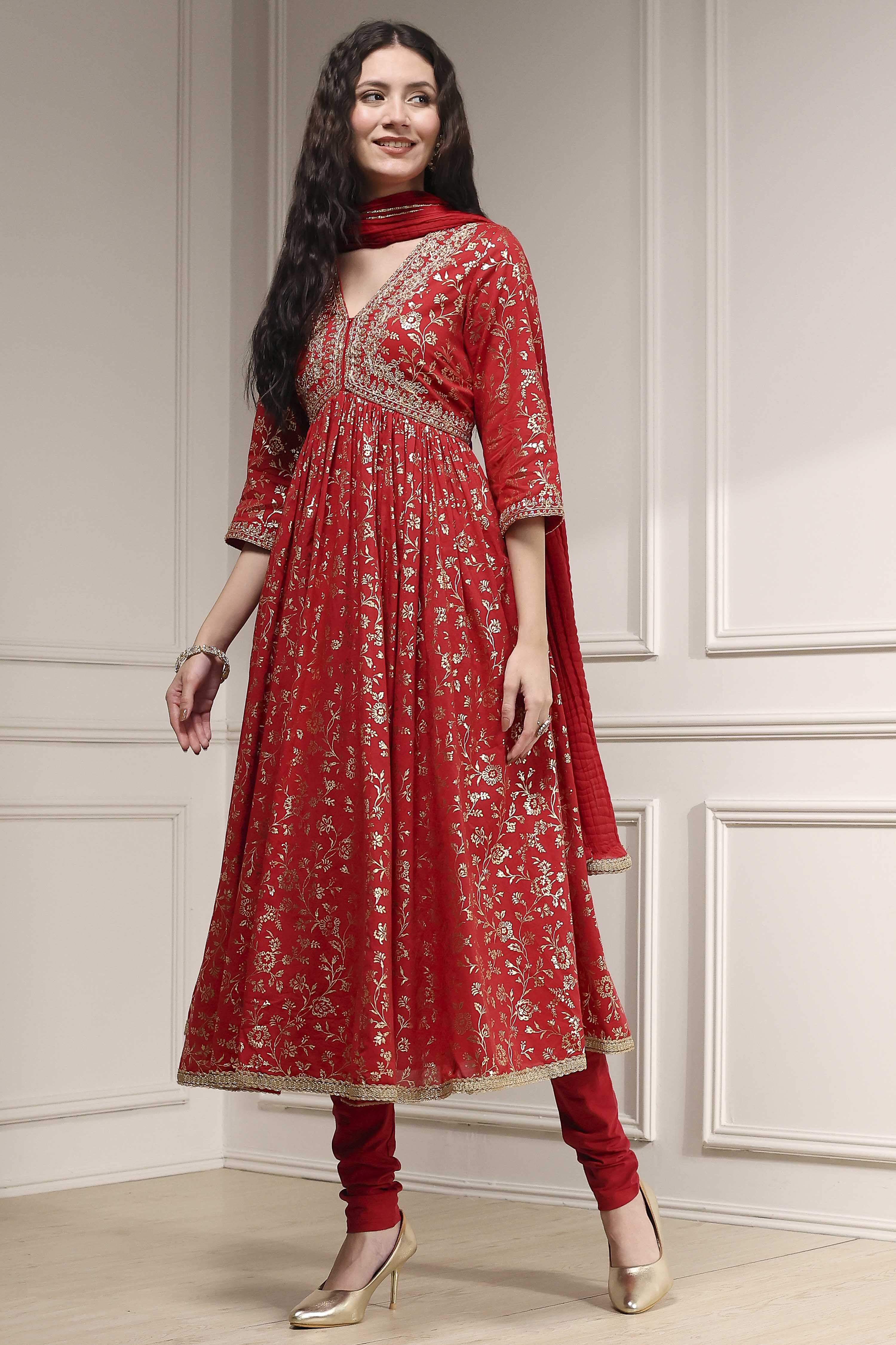 Off-White Cotton Foil Printed Anarkali Suit Set image number 3