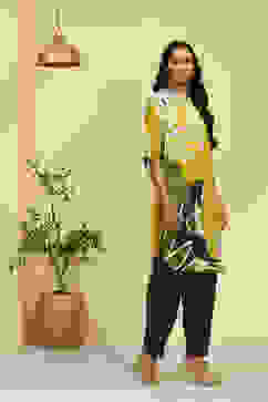 Lime Green and Grey Floral Printed Fusion Kurta Set image number 5