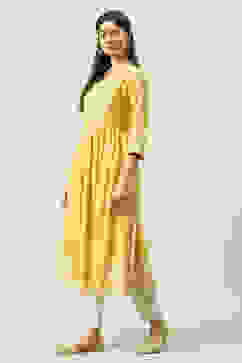 Yellow Poly Cotton Flared Printed Kurta image number 2