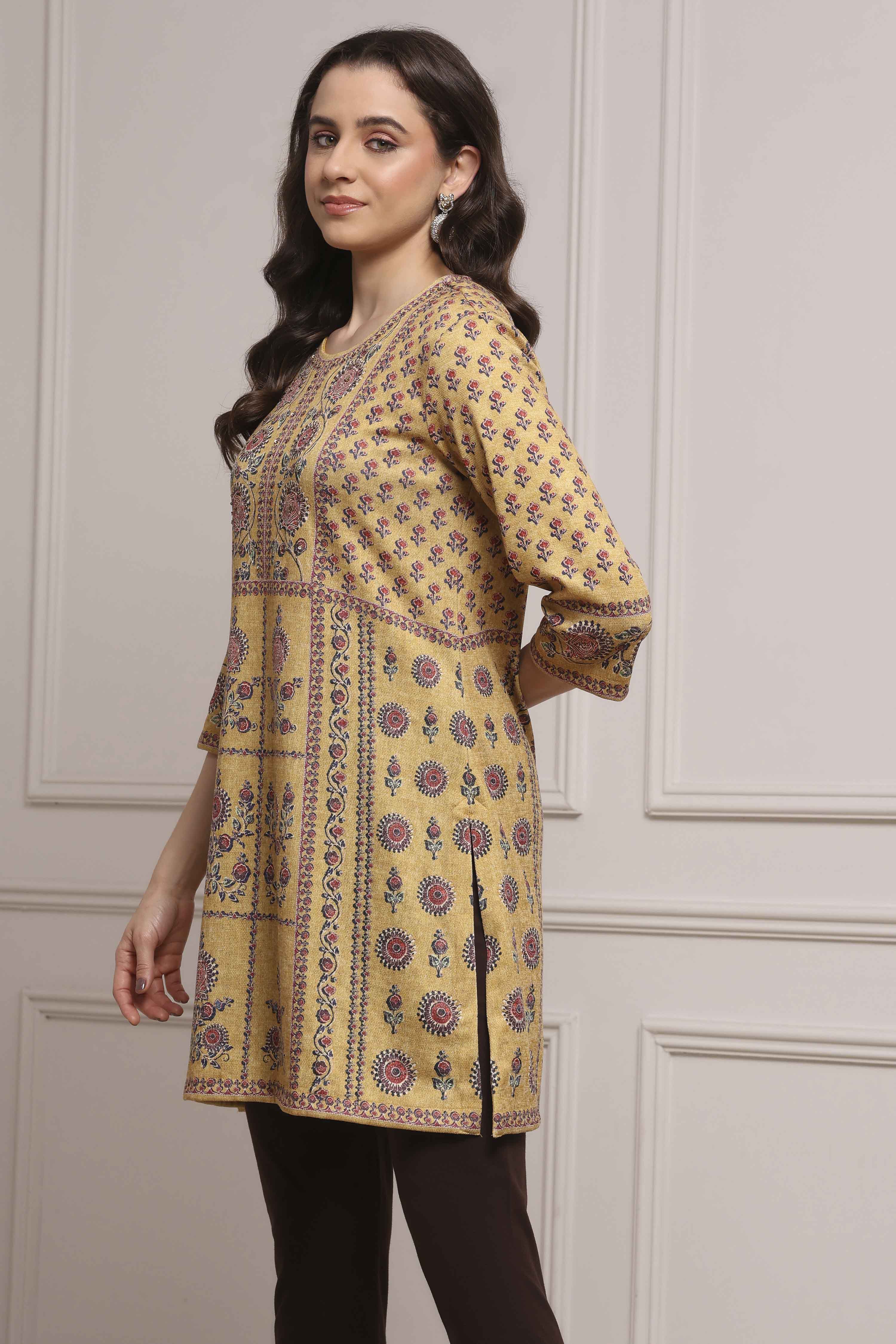 Mustard Yellow Blended Printed Kurta image number 2
