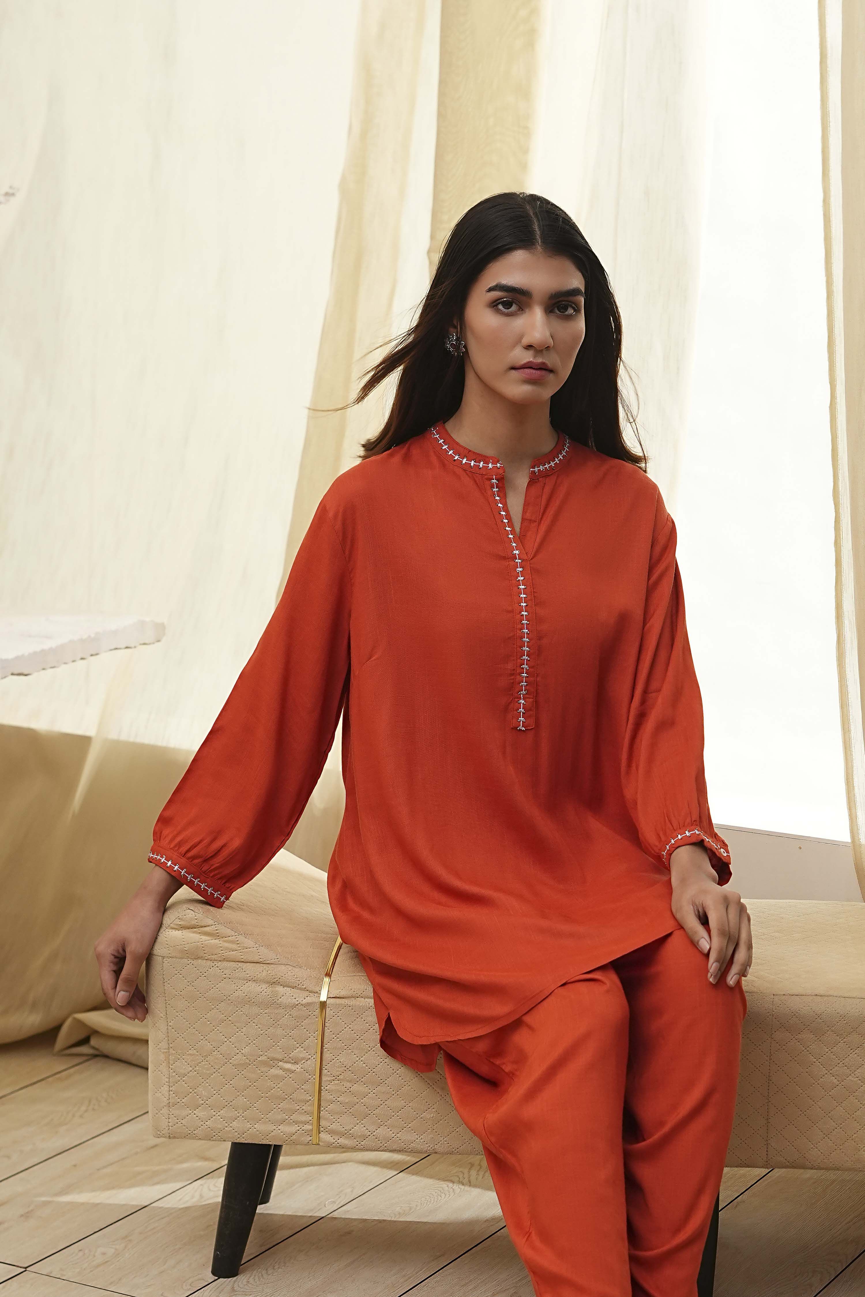 Burnt Orange Straight Solid Co-ord Set image number 7