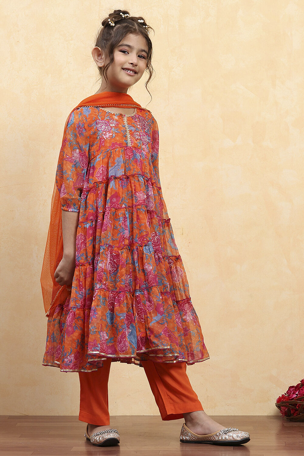 Orange Floral Printed Tiered Suit Set image number 5