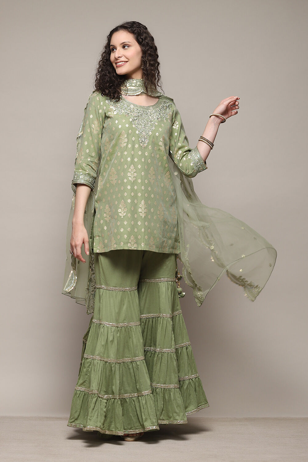 Sap Green Cotton Blend Straight Kurta Garara Suit Set image number 0