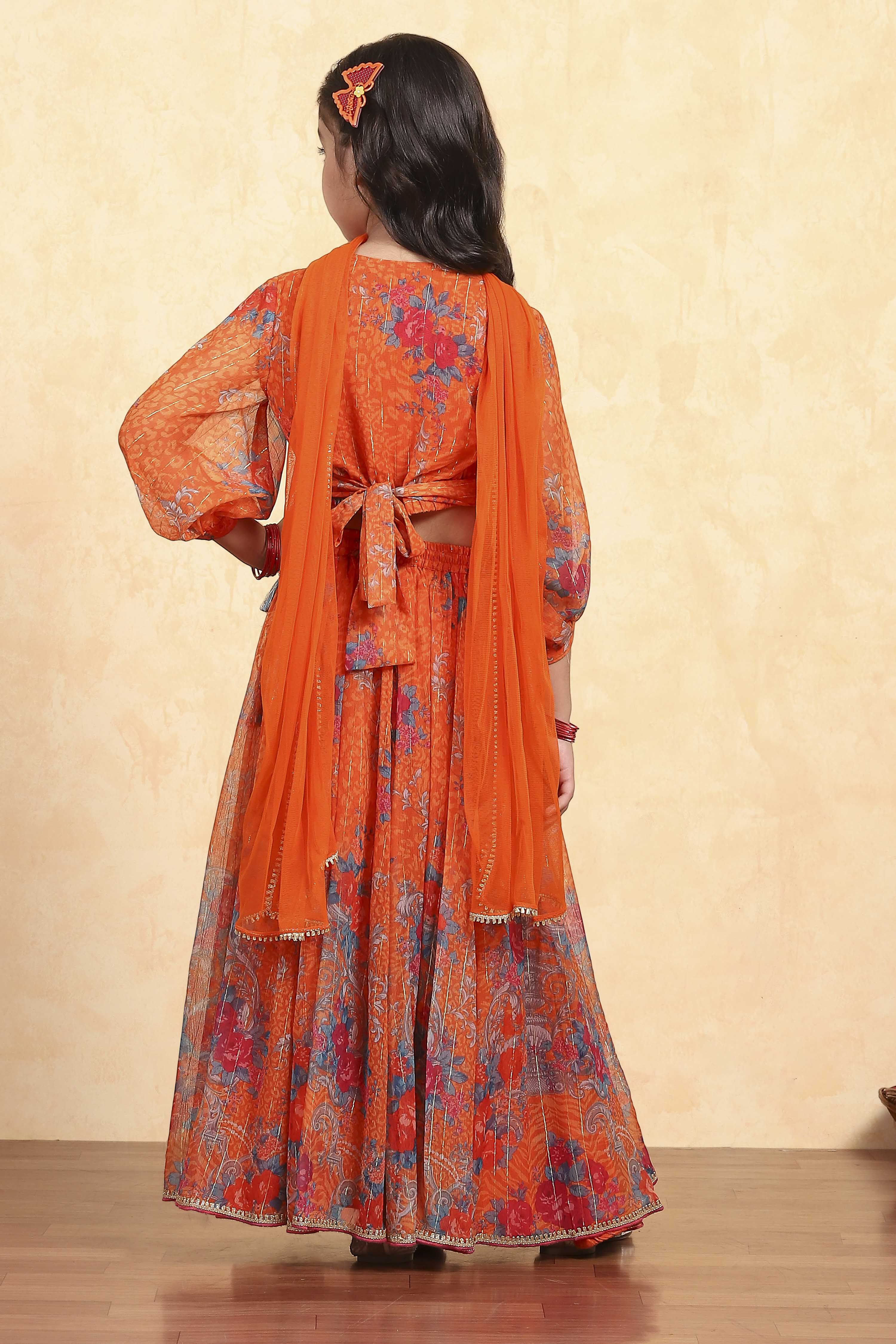 Orange Polyester Printed Kalidar Lehenga Set image number 4