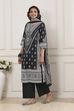 Black Cotton Printed Straight Suit Set image number 3