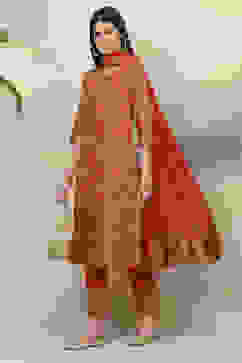 Red Cotton Straight Kurta Slim Pant Suit Set image number 0