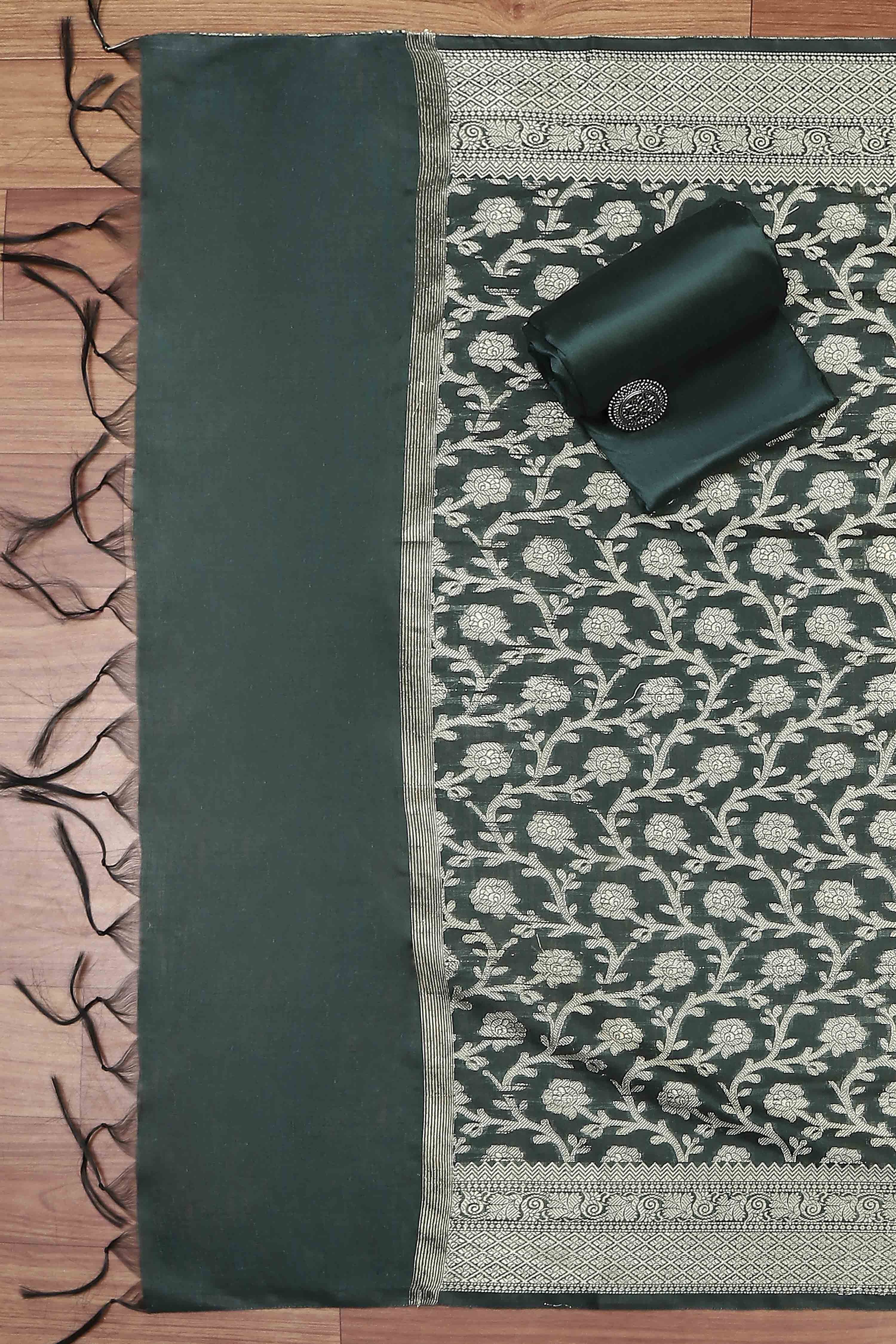 Green Black Poly Cotton Banarasi Unstitched Suit Set image number 3