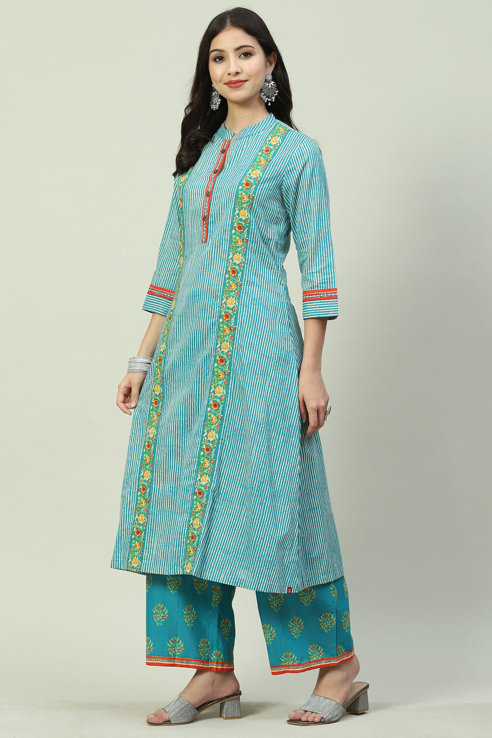 Teal Printed Cotton A-Line Kurta Palazzo Suit Set image number 0