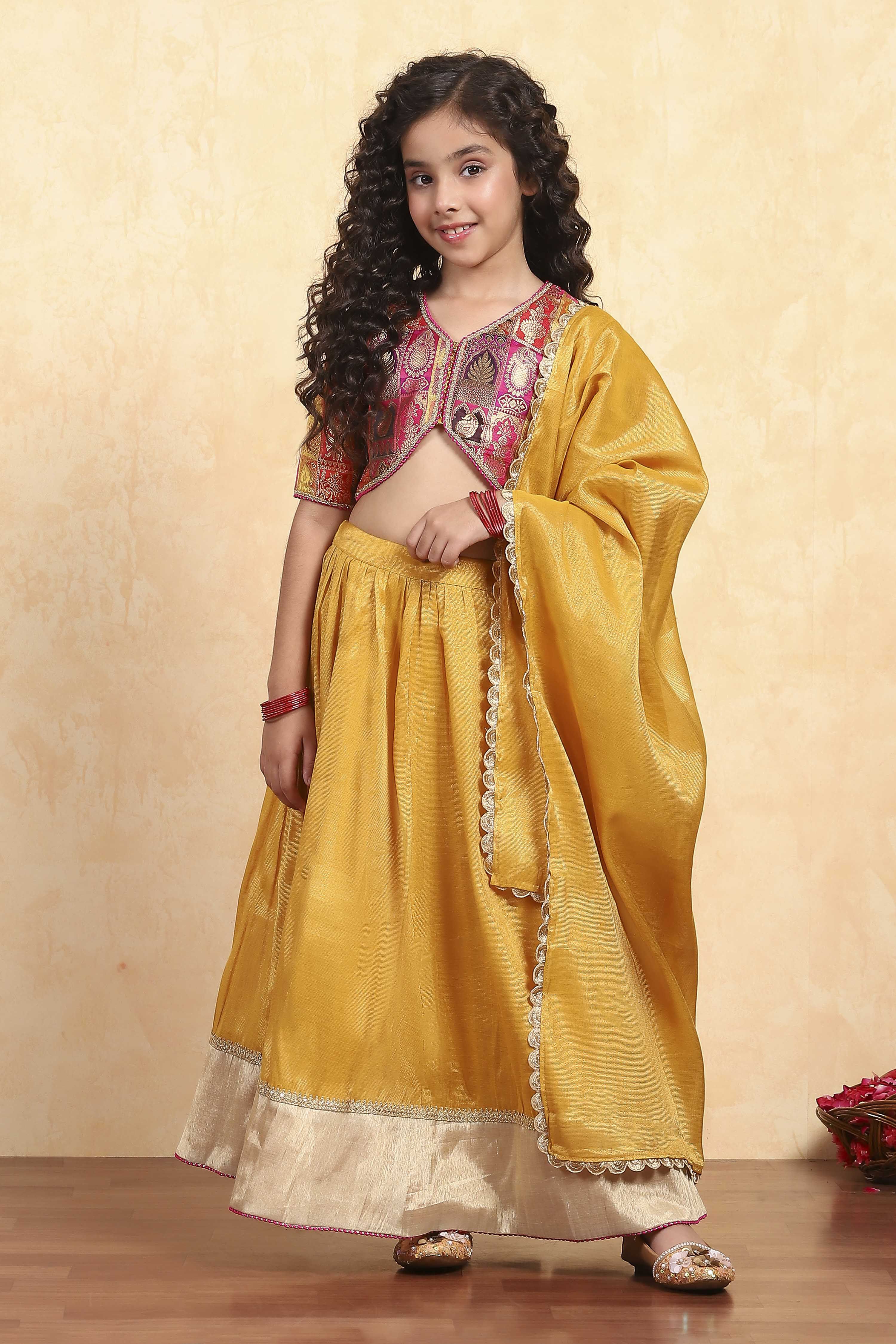 Yellow Brocade Solid Fitted Lehenga Set image number 5