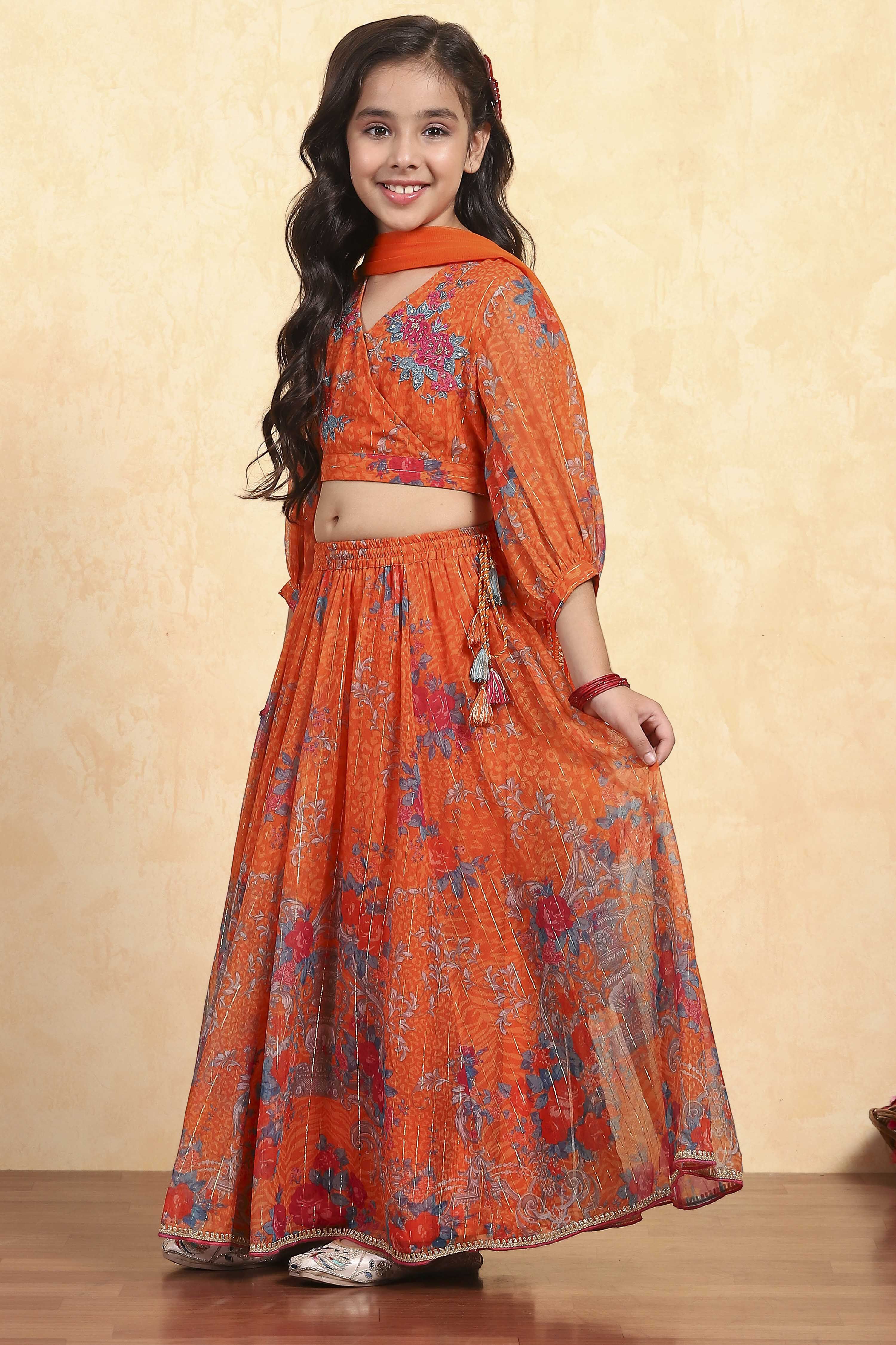 Orange Polyester Printed Kalidar Lehenga Set image number 3