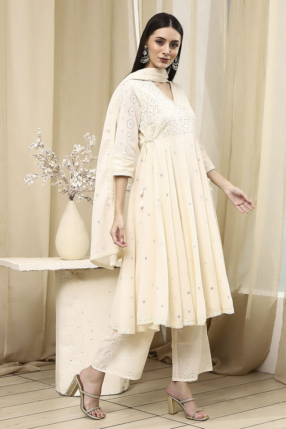 Off-White Cotton Schiffli Anarkali Suit Set image number 5