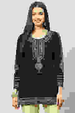 Black Poly Metallic Straight Printed Kurti image number 0