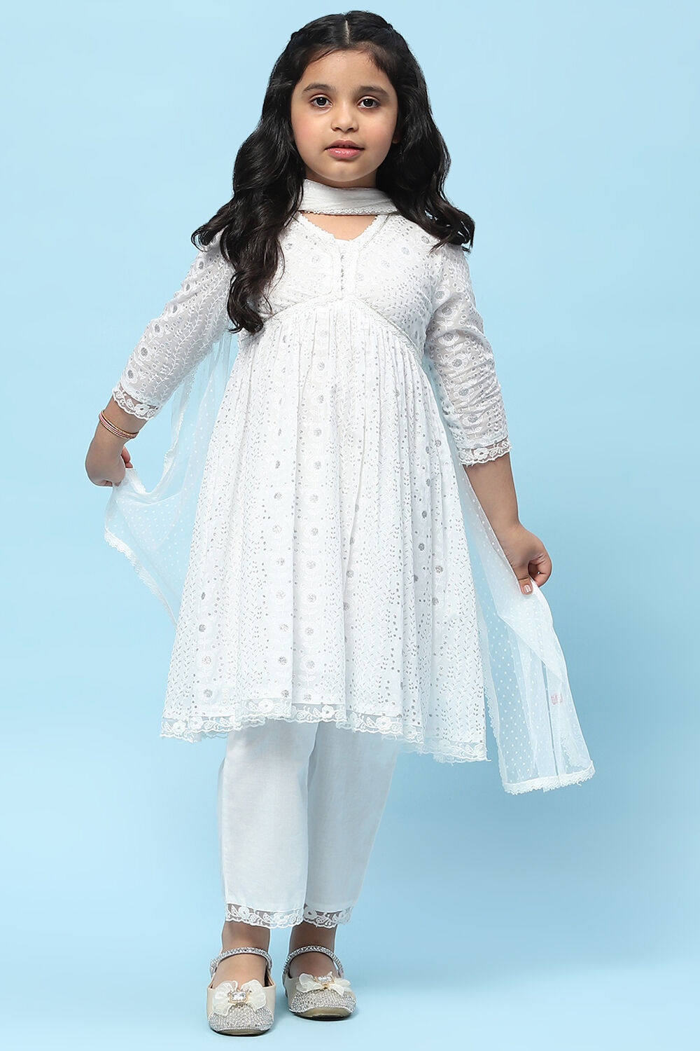 White Cotton Viscose Khadi Print Gathered Suit Set image number 0