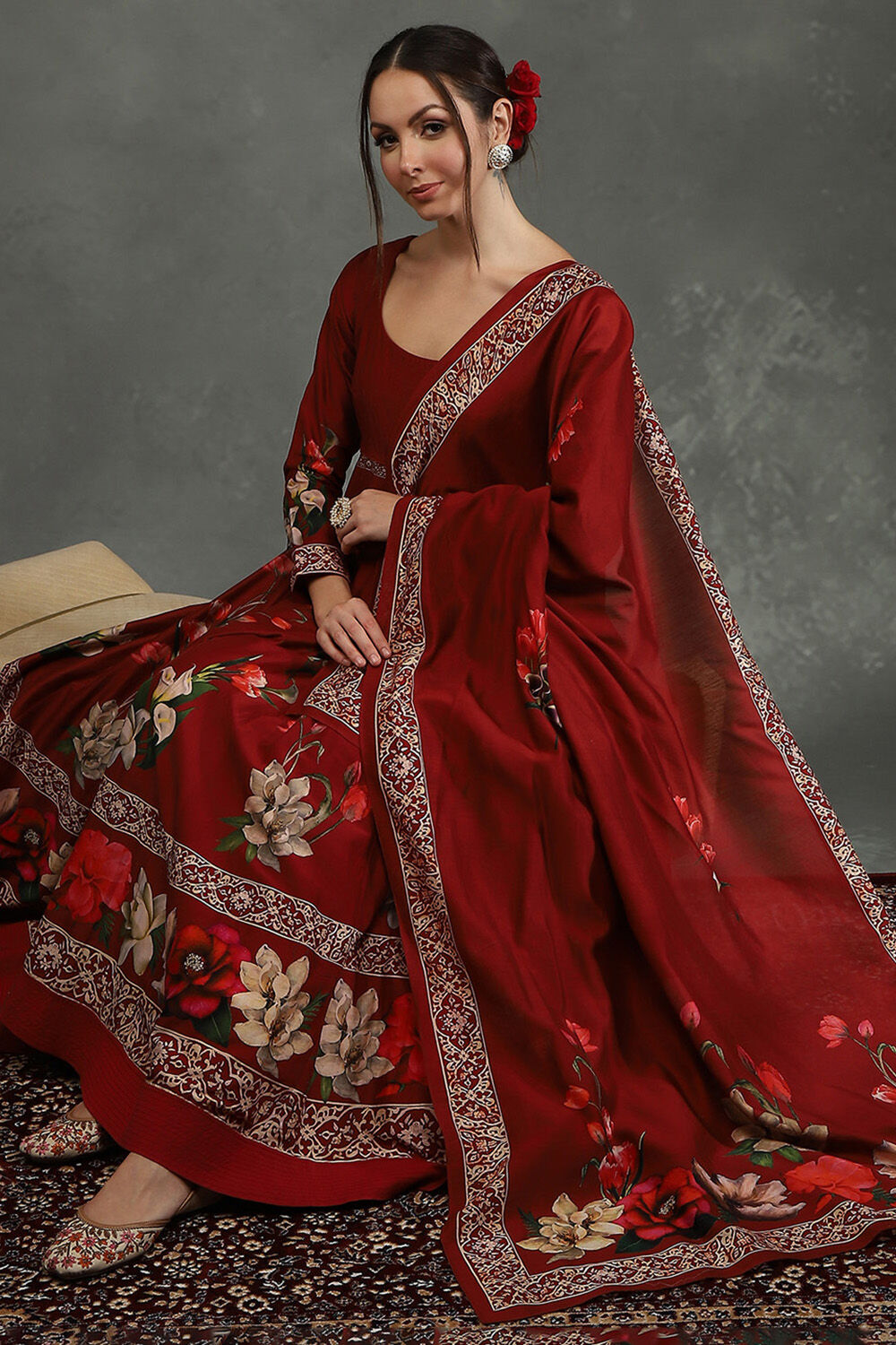 Maroon Silk Chanderi Floral Anarkali Suit Set image number 0