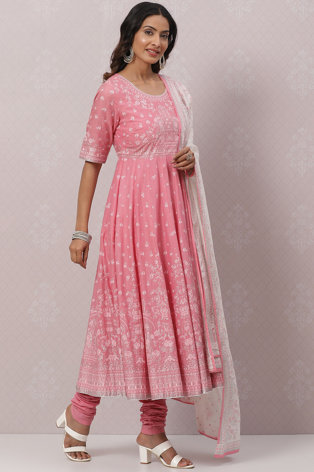 Turquoise Cotton Anarkali Kurta Churidar Suit Set image number 6