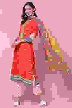 Red Rayon Straight Kurta Flared Palazzo Suit Set image number 0