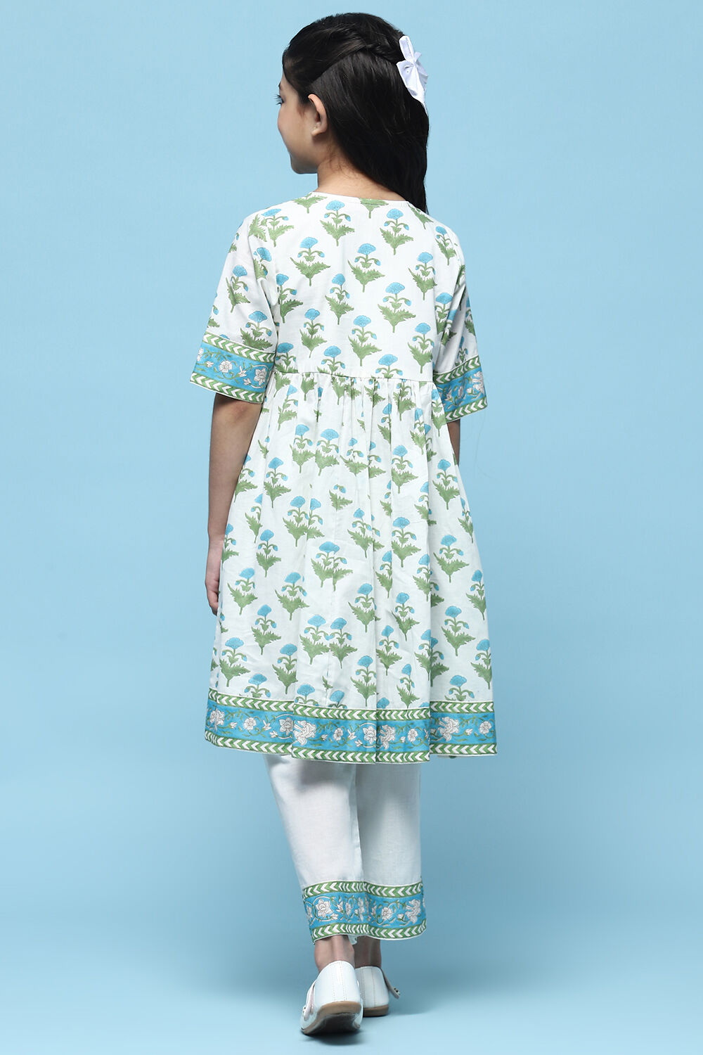 White Printed Cotton Flared Kurta With Straight Palazzo image number 4