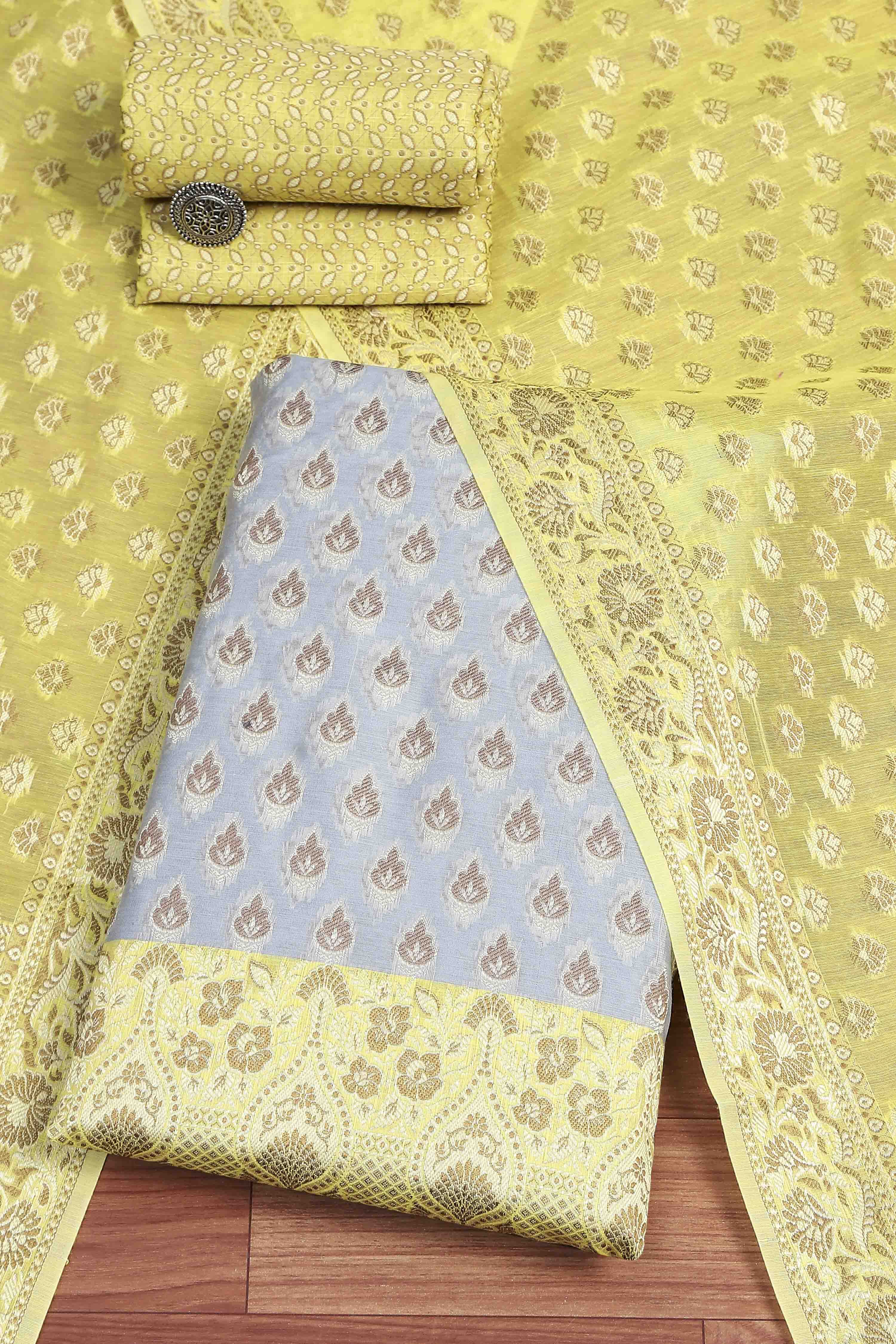 Blue Cotton Printed Embroidered Unstitched Suit Set image number 0