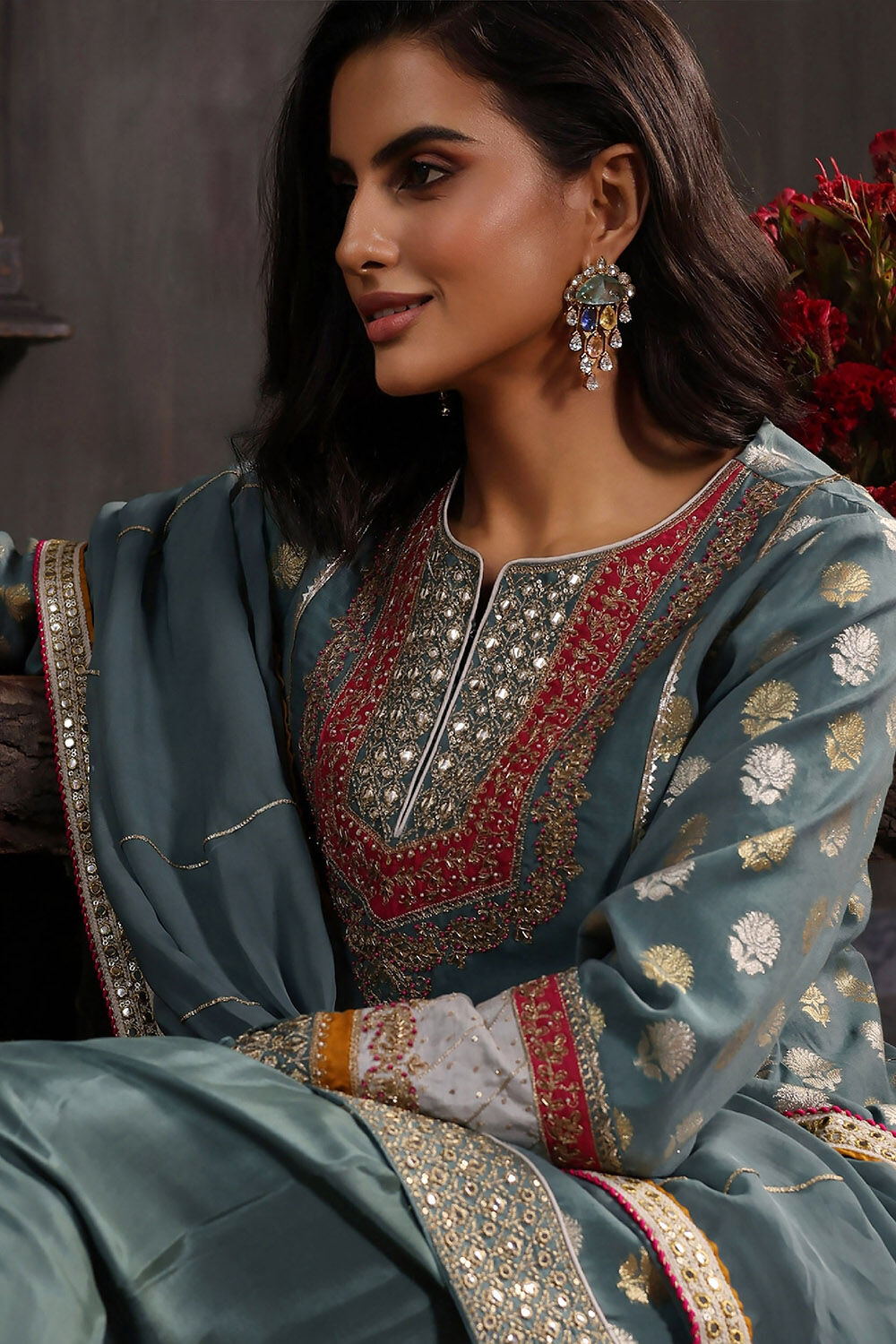 Earthy Blue Chanderi Jacquard Dori Embroidery Straight Suit Set image number 1