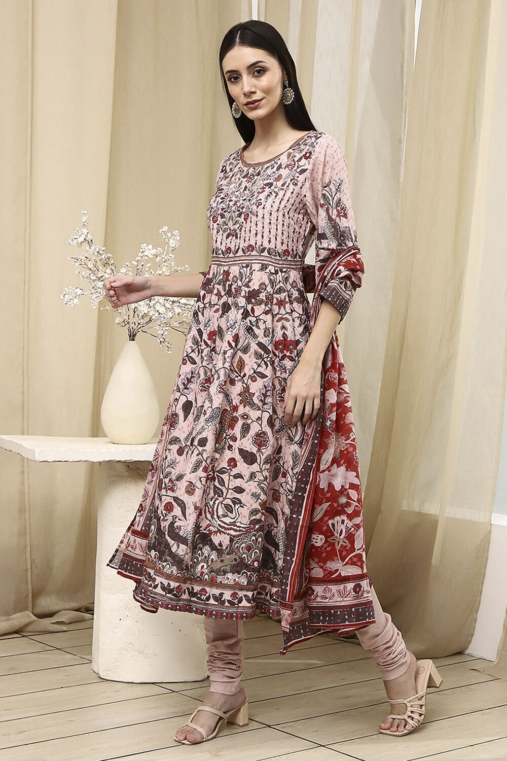 Beige Cotton Printed Anarkali Suit Set image number 3