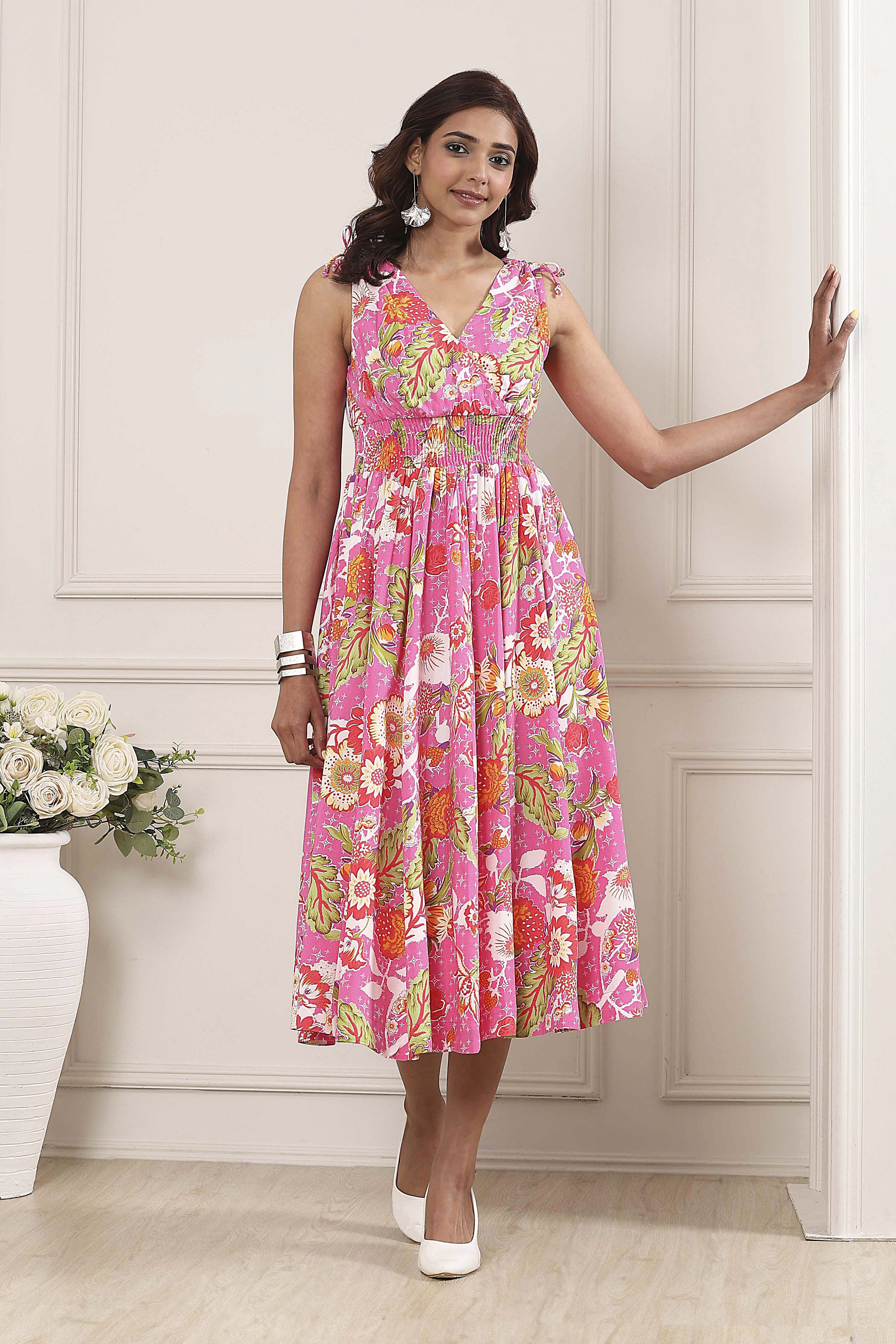 Pink Floral Printed Kalidar Flared Dress image number 5