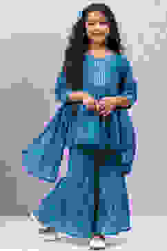 Teal Blue Cotton Flared Kurta Garara Suit Set image number 0