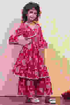 Red Cotton Printed Tiered Kurta Set image number 5