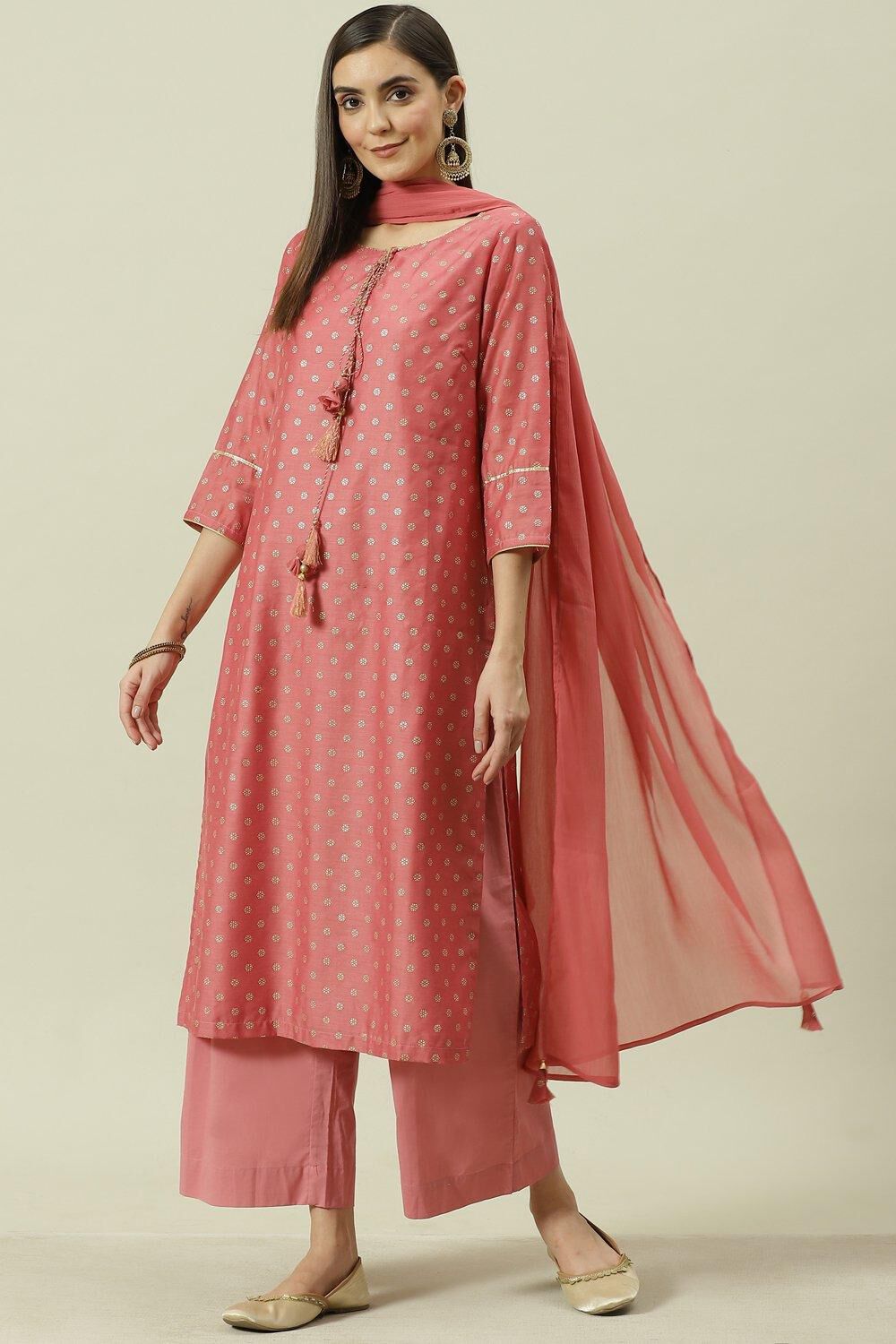 Dusky Pink Printed Straight Kurta Palazzo Suit Set image number 0