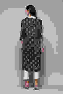 Navy LIVA Straight Printed Kurta image number 4