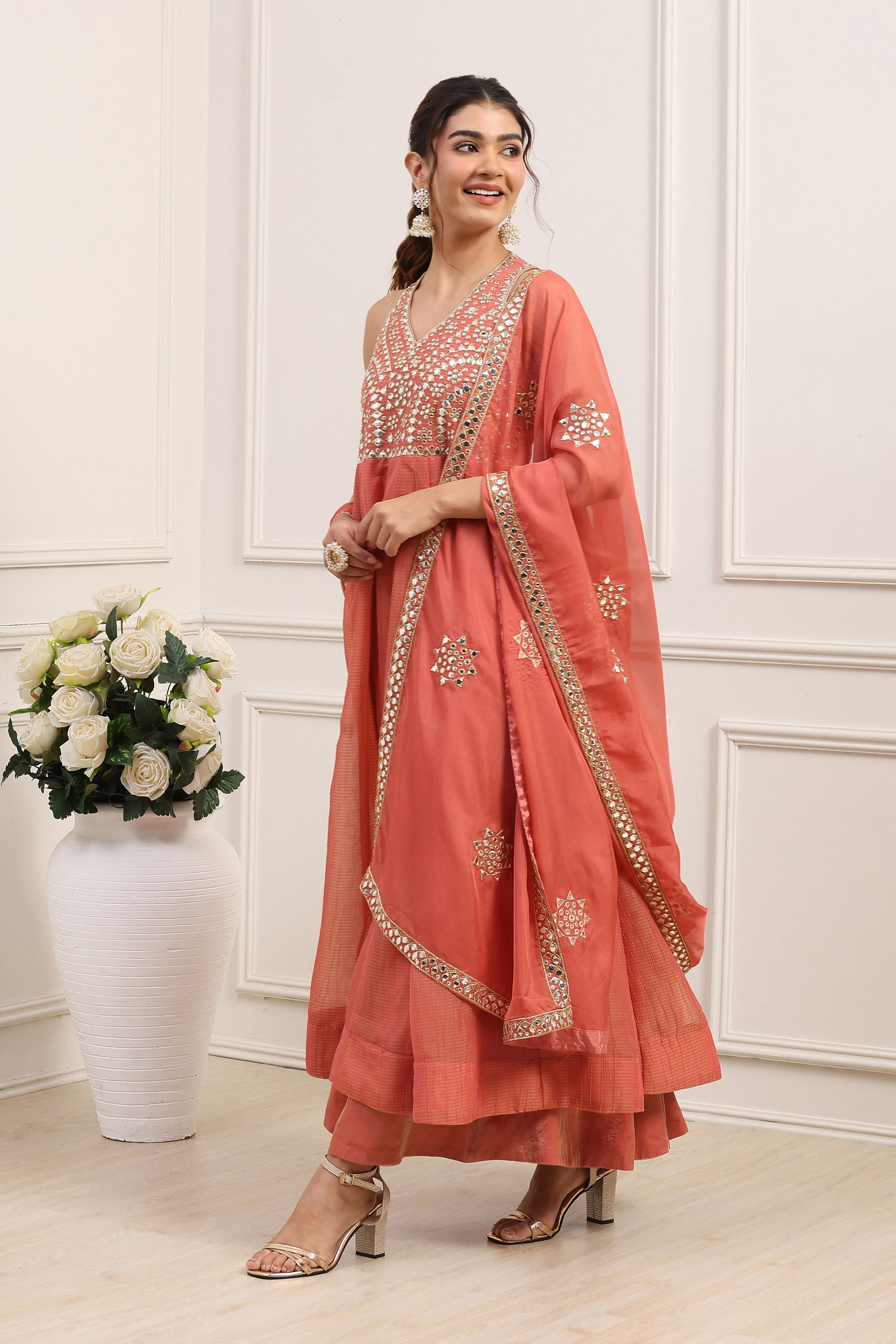 Coral Pink Poly Tissue Mirror Work Anarkali Dress With Dupatta image number 2
